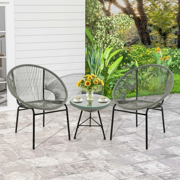 Costway 3PCS Patio Acapulco Furniture Bistro Set Plastic Rope Glass Table Grey