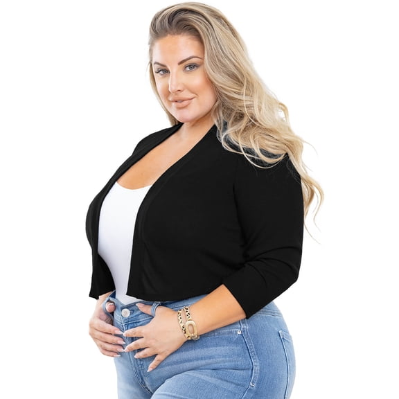 SHOWMALL Women's Plus Size Lightweight Cardigan Black 2X Open Front Knit 3/4 Sleeve Cropped Bolero Shrug Sweater Clothes Coat Tops for Evening dresses