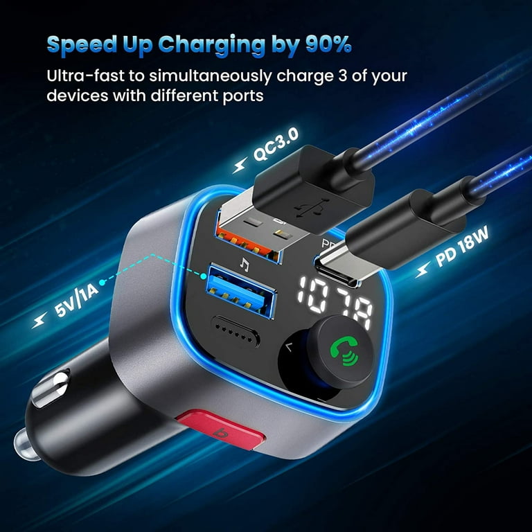 Bluetooth 5.0 FM Transmitter for Car, Qc3.0 & PD 18W Wireless Bluetooth FM Radio Adapter, Bass Hi-Fi MP3 Music Player 3 Ports Car Charger with LED