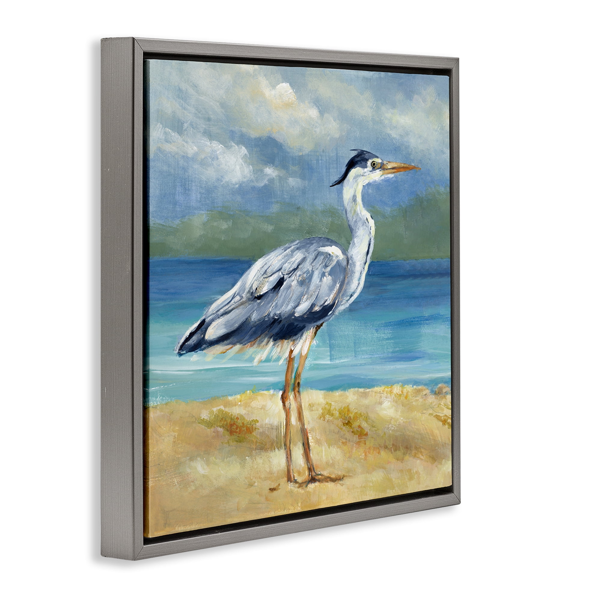 Stupell Industries Heron by the Sea Nautical & Beach Painting Gray Floater Framed Canvas Art Print Wall Art, 25 x 25
