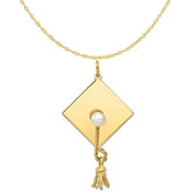 Carat In Karats 14K Yellow Gold Graduation Cap With Fw Cultured Pearl Charm (43mm X 21mm) on a 18 Inch 14K Gold Rope Chain Necklace
