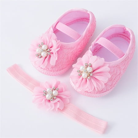 

LYCAQL Baby Shoes with Hair Band Fashion Soft Soled Toddler Shoes Versatile Dress Flower Princess Shoes All Shoes for Girls (Pink 4.5 )