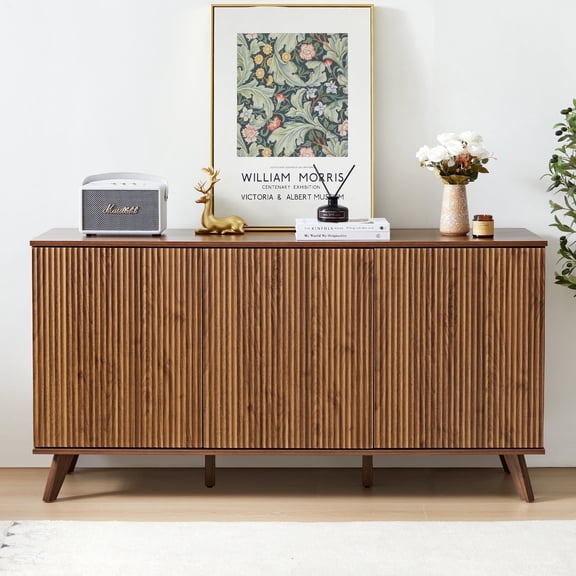 Wirrytor Sideboard Storage Cabinet with Doors and Shelves, Buffet Cabinet with Storage, Credenza Storage Cabinet for Kitchen, Wooden Fluted Cabinet, Under TV Cabinet with Storage - Walnut