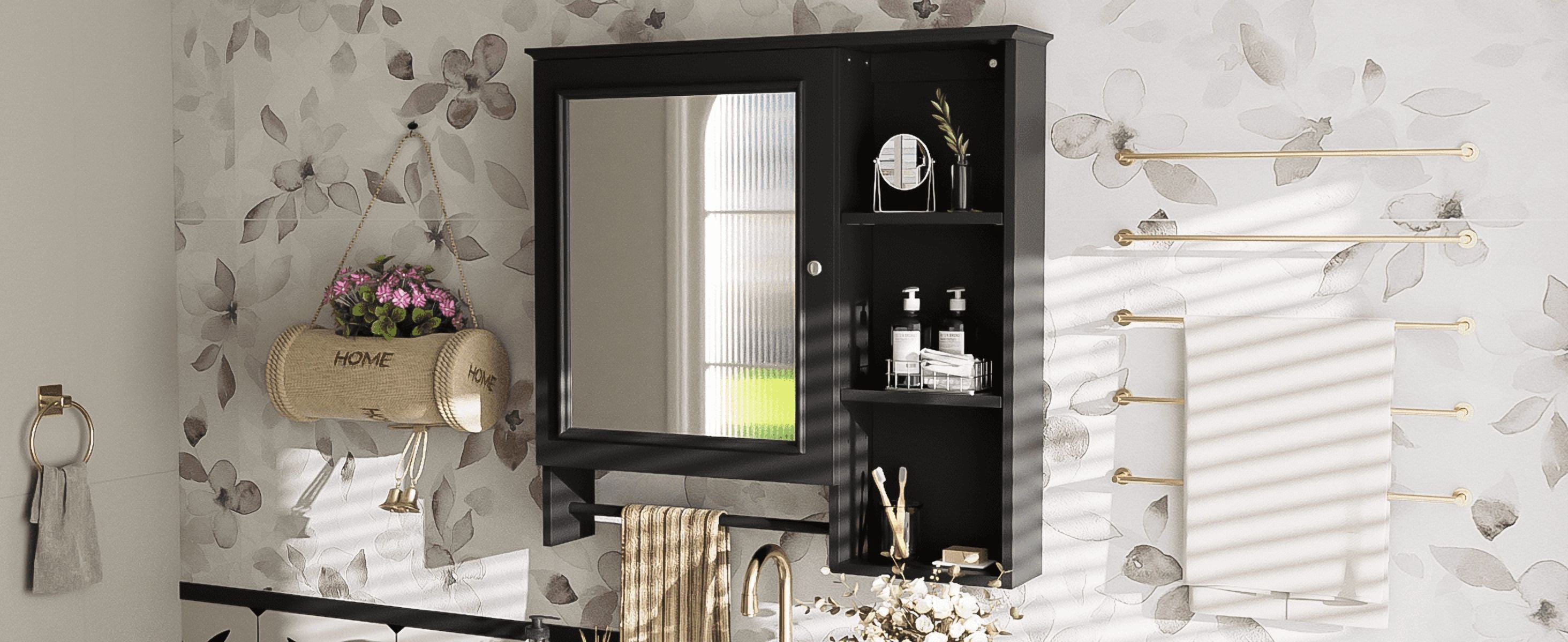 Euroco Wall Mounted Bathroom Storage Cabinet, Medicine Cabinets with large mirror door, adjustable shelves and three open storage levels(Not Include Bathroom Vanity )