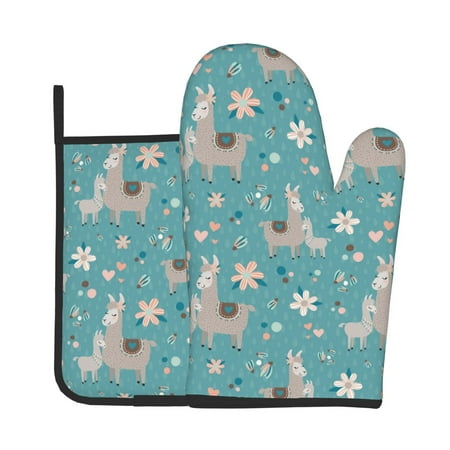 

Lukts Teal Mama Llama Print Kitchen Heat-Resistant Gloves and Spacers 2pcs Set Suitable for Baking and Cooking