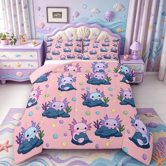 Manfei Kawaii Axolotl Pattern Full Size Comforter Sets,Ocean Themed Animal Bedding Comforter Set,Pink Reversible,3 Pieces,1 Comforter and 2 Pillowcases