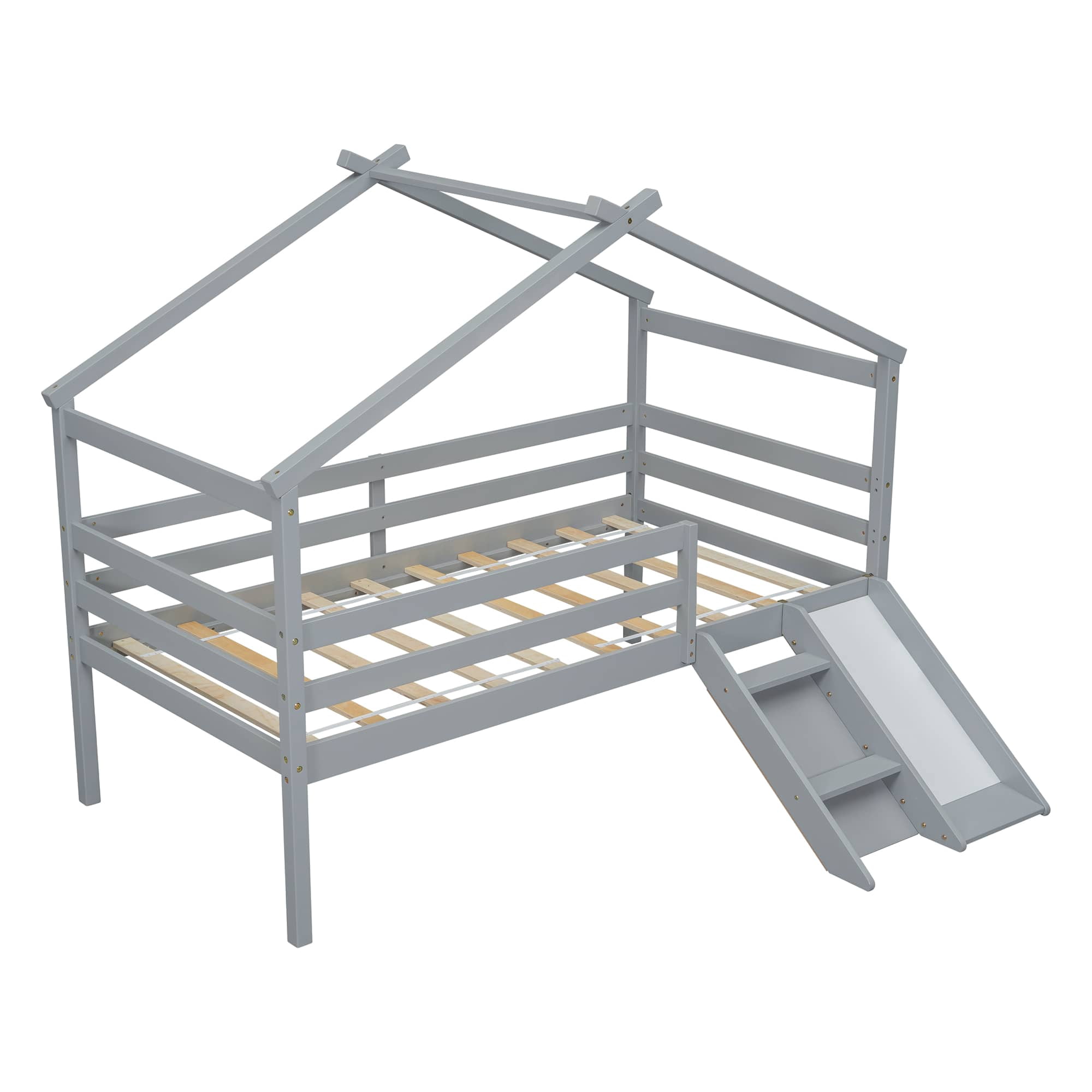 MAYEERTY Twin Loft Bed with Slide, Ladder, Safety Guardrails, House Roof Frame, Grey