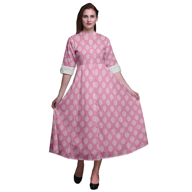 Bimba Robe Anarkali à Blocs Rose Pâle pour Femmes, Kurti Imprimée Ethnique Indienne, Longue Kurta, Robe de Soirée, XX-Grand