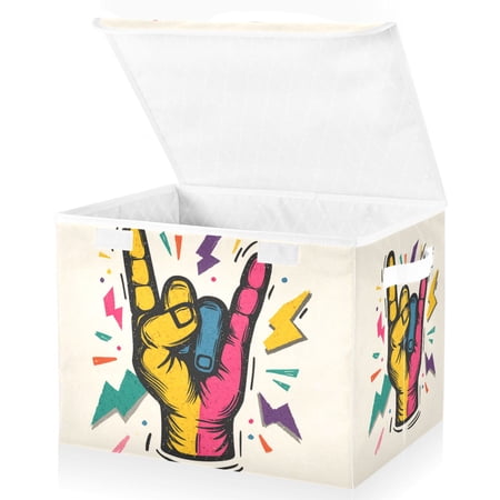 Foldable Fabric Storage Bin With Handle Collapsible Basket Box Storage With Lid Organizer Rock Sign with Fingers