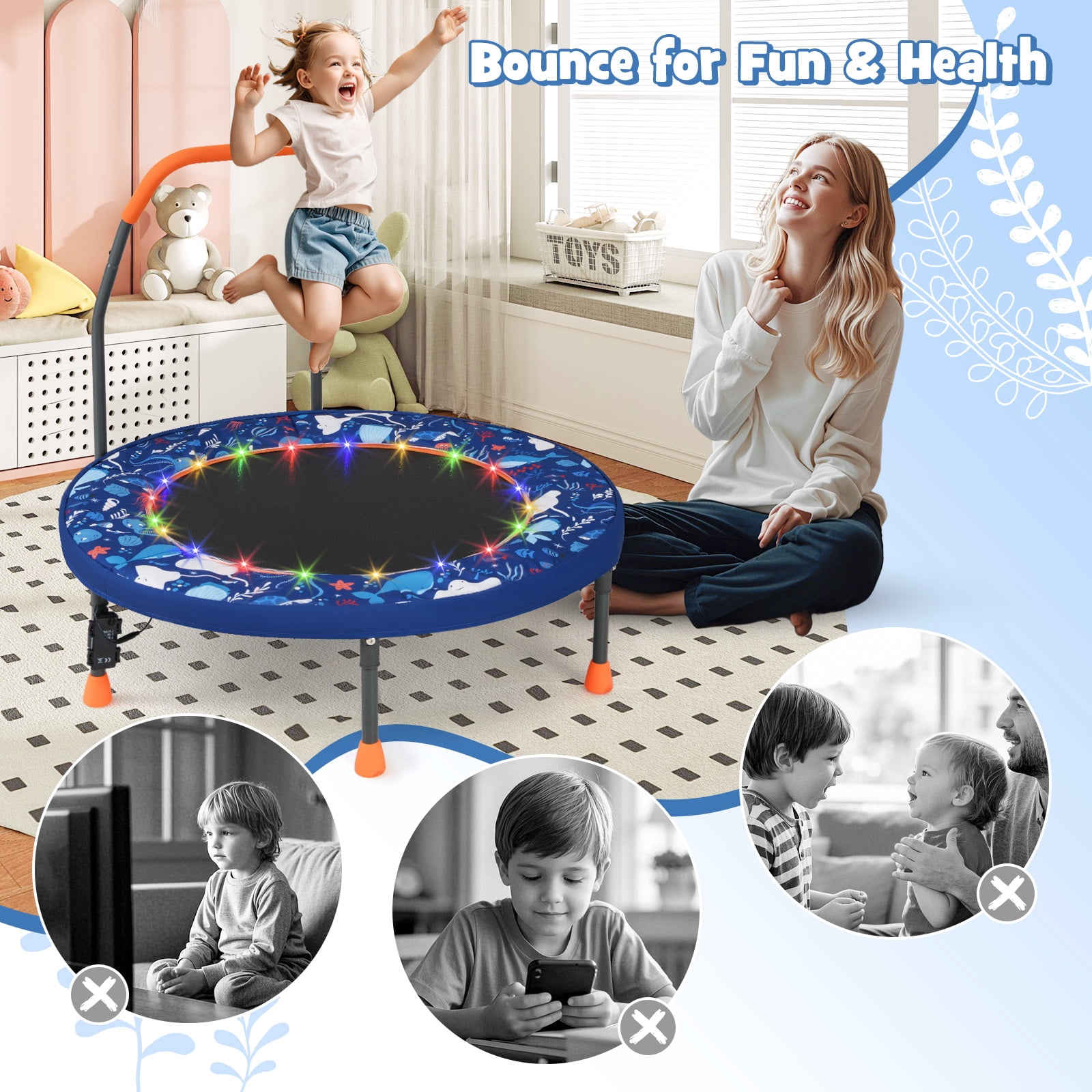Gymax 36'' Foldable Kid Trampoline w/ 20 LED Lights Foam Handlebar Padded Safety Cover Navy