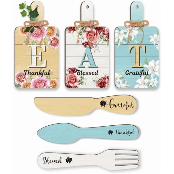 PH 6pcs Flower Kitchen Wall Decor Wood Sign Eat Sign Fork Spoon Wall Decor Hanging Plaques Farmhouse Cutting Board Sign with Hemp Rope for Home Kitchen Dining Living Room Bar Cafe