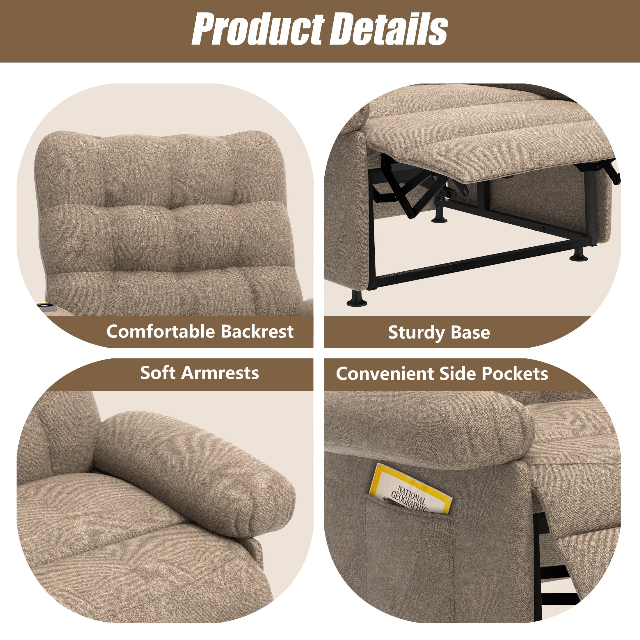 Recliner Sofa Couch Set, 3 Seat Electric Recliner with Remote Control and Side Pocket for Families and Friends, Modern Power Recliner Sofa for Living Room Home Theater, Deep Coffee