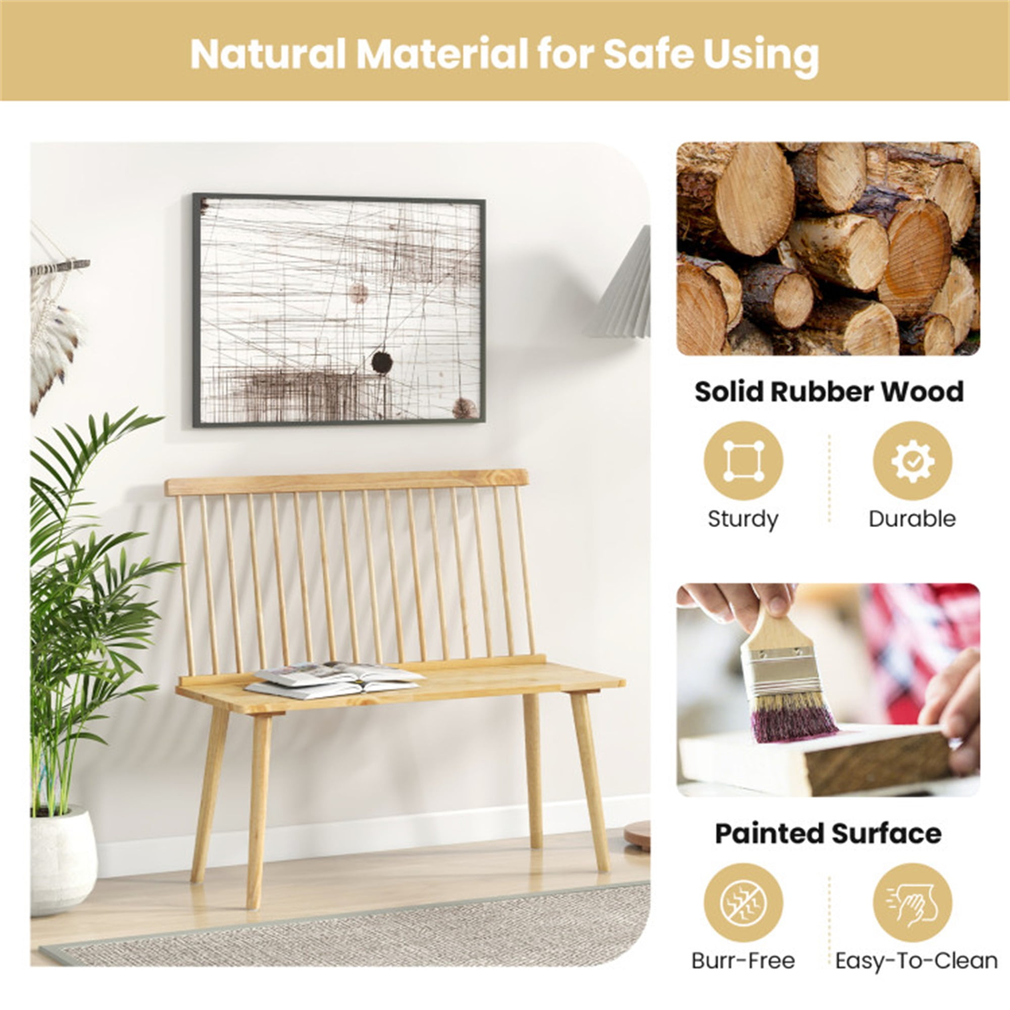 Demi Bonn Bench for 2 with Spindle Back for Kitchen Dining Room Hallway Dining Chairs, Beige