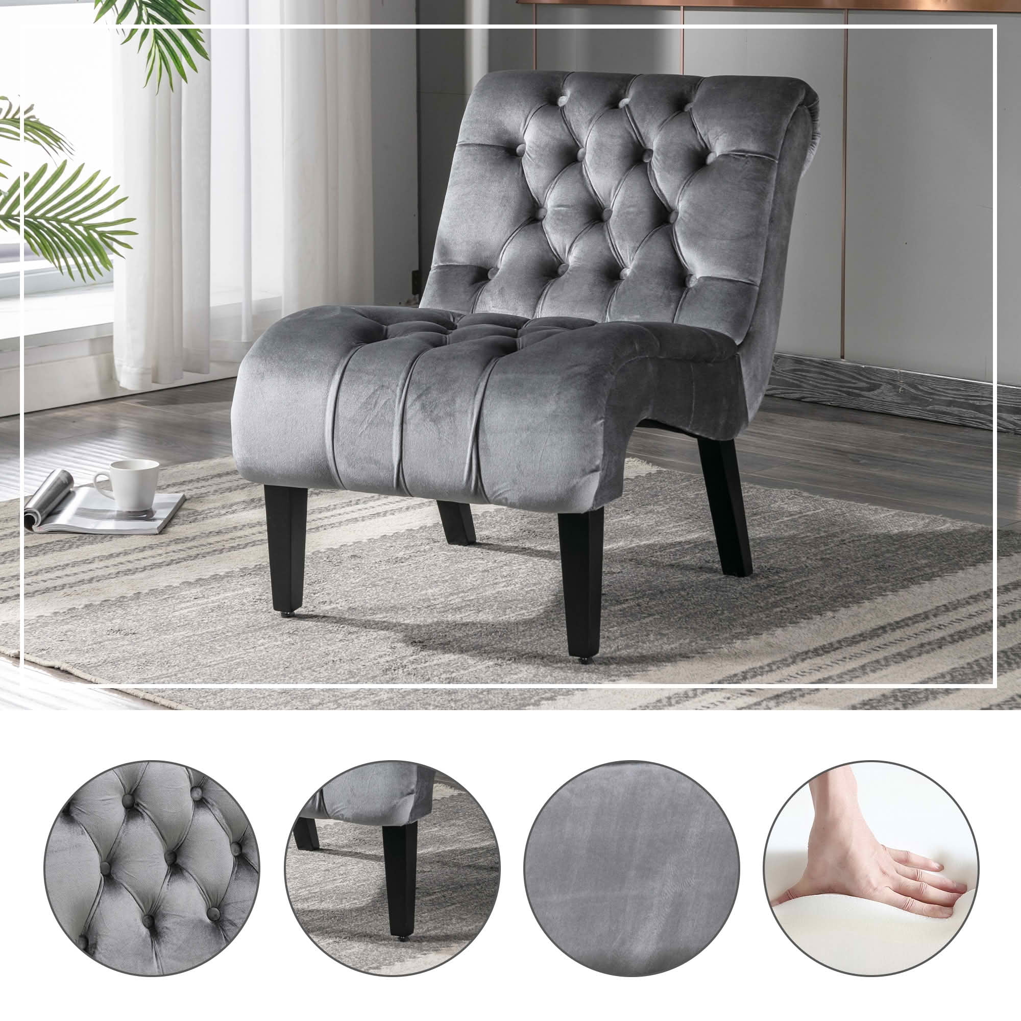 MAYEERTY 22.83-Inch Velvet Button Tufted Armless Accent Chair, Upholstered Leisure Side Chair with Wooden Legs for Bedroom Living Room Office