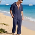 thumbnail image 2 of Makaor Linen Sets for Men 2 Piece Big and Tall Solid Color Summer Travel Outfits Trave Matching Set Short Sleeve Button down Shirts Long Pants Casual Beach Vacation Clothes, 2 of 8