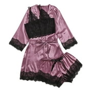 XZNGL 3PC Women Lace Satin Wireless Bra Camisole Shorts Pajamas Sleepwear Bow Robe Set