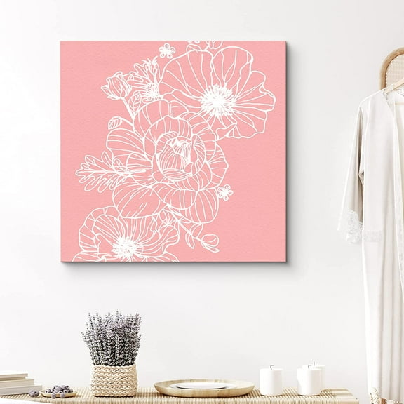 PixonSign Canvas Print Wall Art Flower Line Art Over Pink Background Botanical Wilderness Illustrations Modern Art Modern Colorful Multicolor Pastel for Living Room, Bedroom, Office - 24x24 inches