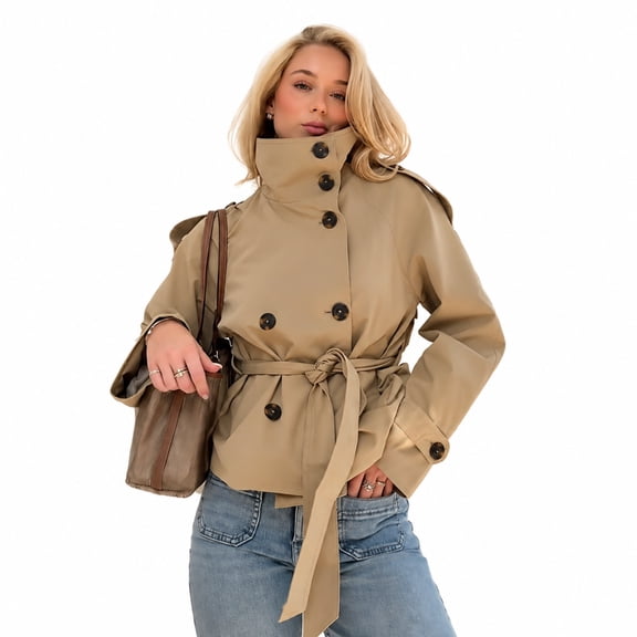 Women's Cropped Trench Jacket, Double-Breasted Stand Collar Coat with Removable Belt