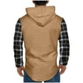 thumbnail image 3 of ZRGHAOYLQ Patchwork Plaid Long Sleeve Hoodie Plus Size Men Big and Tall Hoodies Drawstring Button Up Shirt with Pocket Khaki L, 3 of 4