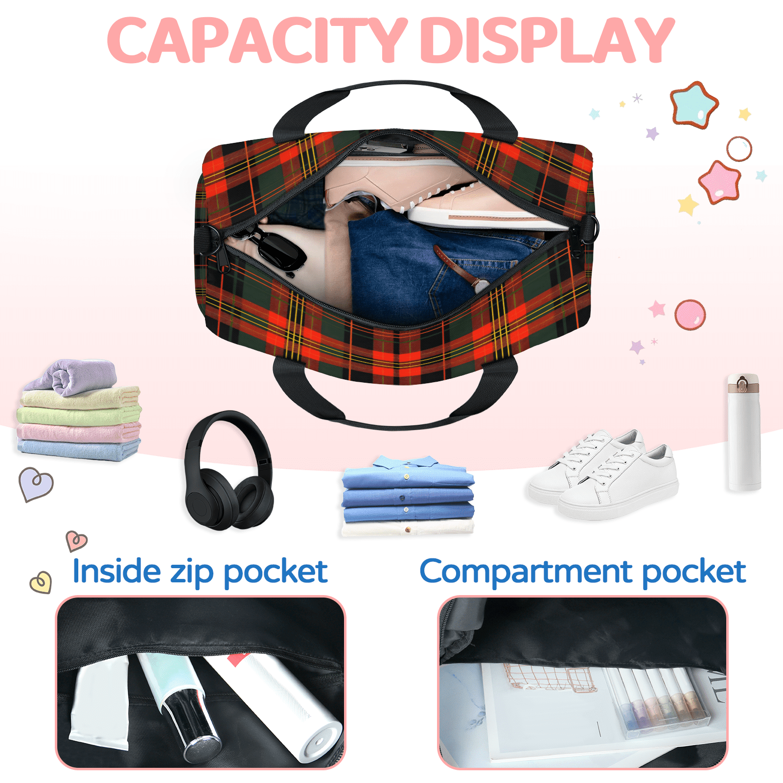 Herdesigns Christmas Plaid Red And Green Travel Duffle Bag Sports Yoga Weekender Overnight Carry on Workout Bags Lightweight Waterproof Gym Tote Bag for Women