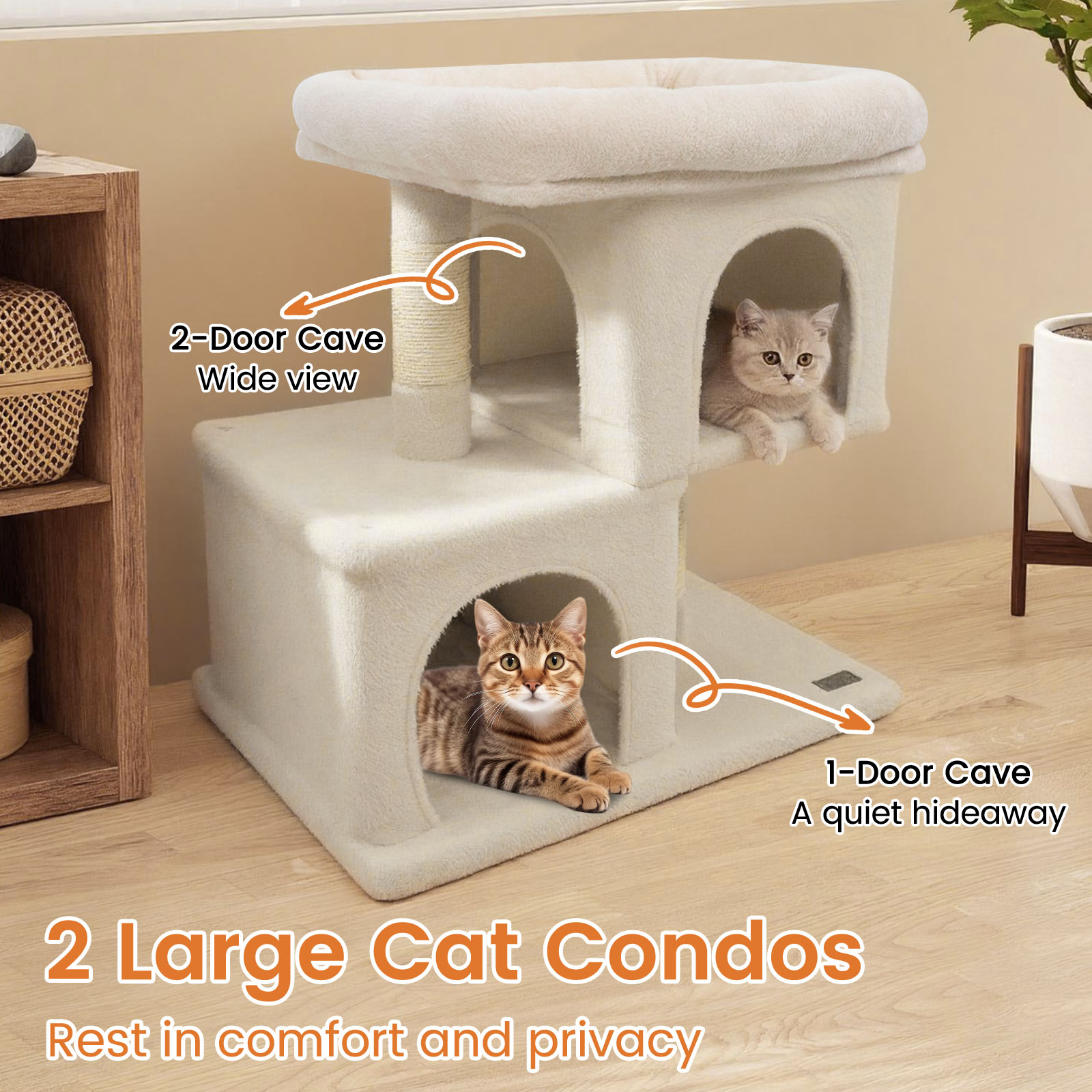 Gymax 25.5'' Cat Tree w/2 Large Condo Padded Top Perch Sisal Scratching Posts for Cats Beige