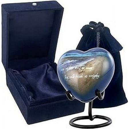 Footprints Heart Keepsake Urn  Footprints Heart Urn for Ashes  Hand Painted Minature Beach Heart Urn  Handmade Beach Mini Heart Urn with Stand  Velvet Case & Bag (Heart Keepsake)