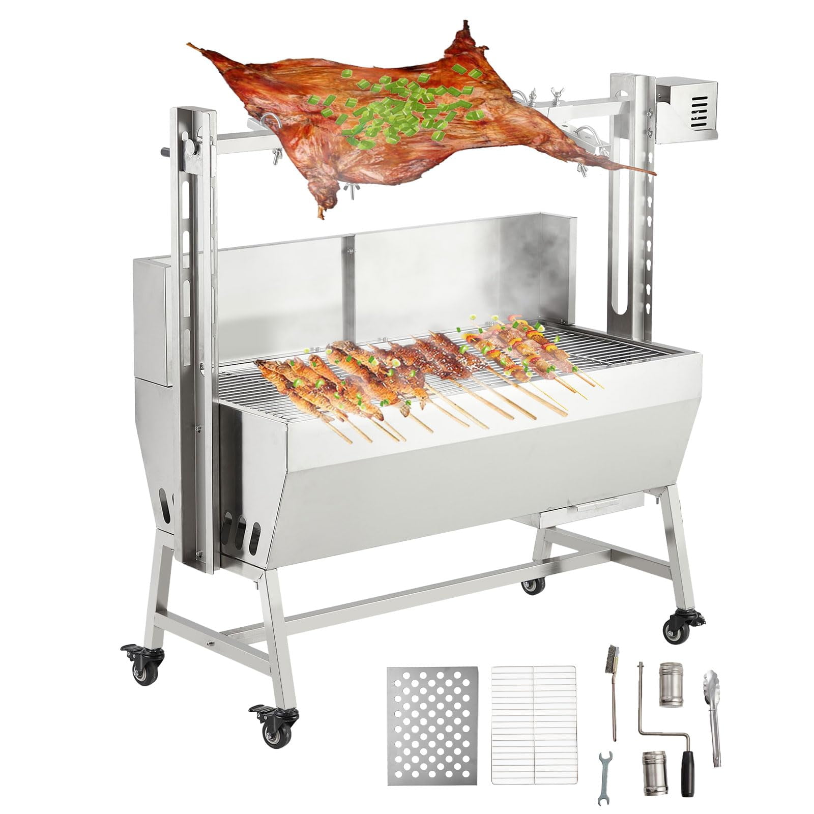 Kselythan Rotisserie Grill, 37in BBQ Outdoor Pig Lamb Rotisserie Roaster with 132LB Capacity, Stainless Steel Charcoal Spit Roaster With Wind Screen for Camping Outdoor