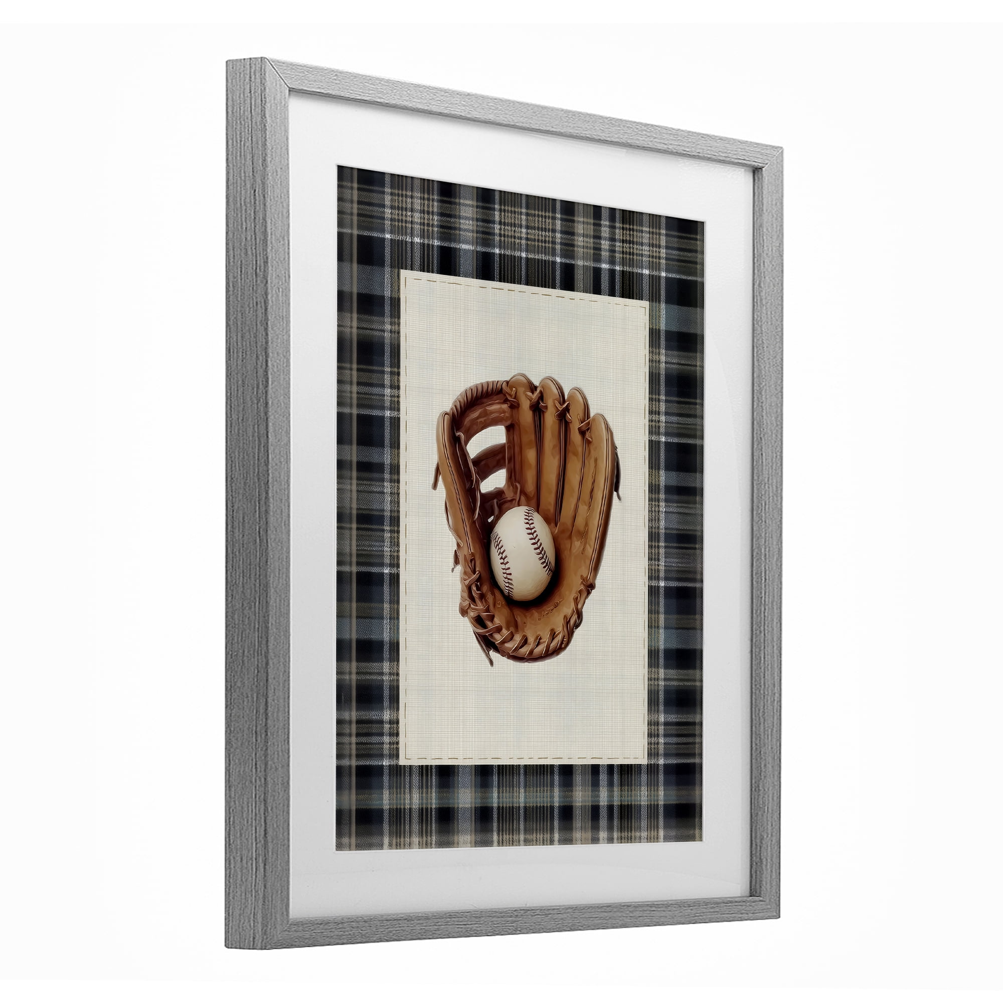 Stupell Industries Baseball Glove with Plaid Gray Framed Print Under Glass, design by Arlington Prints