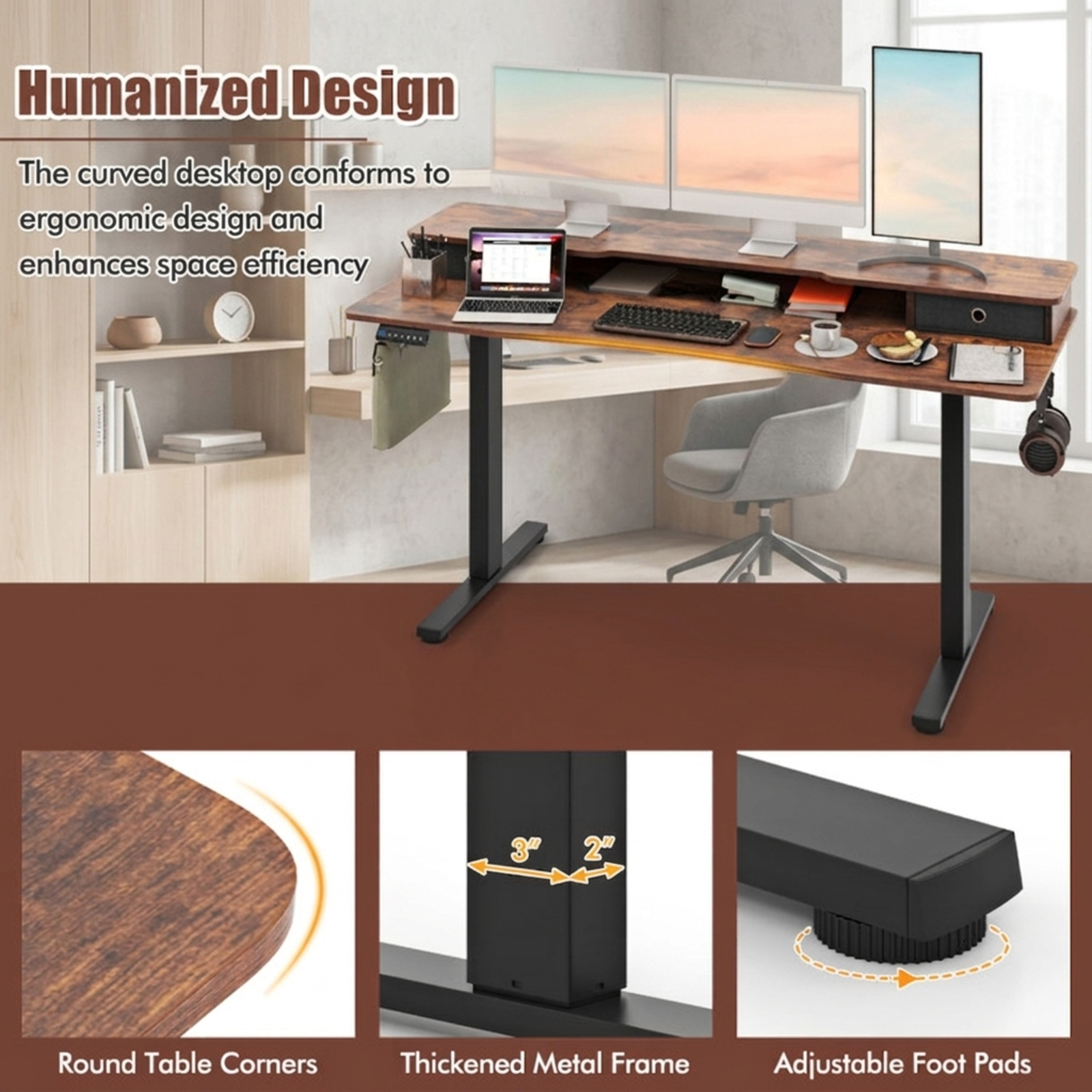 Furnibear 63 x 24 Inch Electric Standing Desk with 2 Fabric Drawers Monitor Shelf Memory Presets and Cable Management for Home Office, Rustic Brown