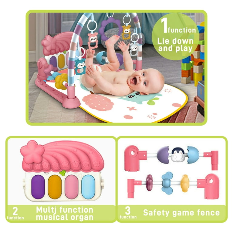 TEAYINGDE Baby Gym Play Mat 3 in 1 Fitness Rack with Music and Lights Fun  Piano Baby Activity Center,Pink