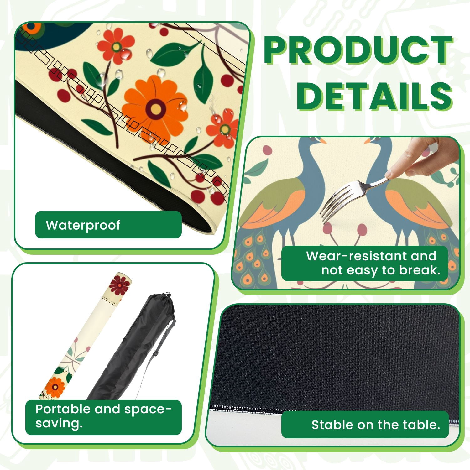Mahjong Mat 31.5" x 31.5" Symmetrical Peacock Vibrant Orange Flowers Green Foliage Folk Art Non-Slip Noise Reduction American Mahjong Tiles Table Cover for Dominoes Poker Card Board Games Gift