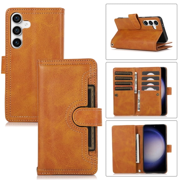 Allytechgroup Galaxy S25 Ultra Wallet Case with 9 Cards Holder 2 Cash Pocket, Premium PU Leather Retro Flip Stand Magnetic Closure Hand Wrist Phone Case for Samsung Galaxy S25 Ultra, Orange