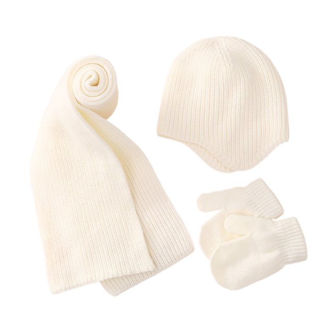 Winter Kids Knitting Set 4pcs Cute Solid Color Childrens Hat Scarf Gloves Keep Warm Leather Label Accessories for Cold Weather