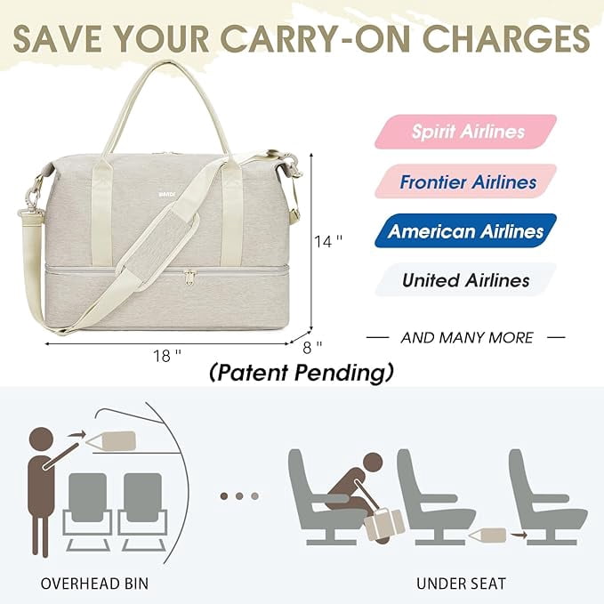 WANDF For Spirit Airlines Travel Bag With Shoe Compartment,Underseat Carry On Bag Weekender Bag with Toiletry Bag,Personal Item Bag 18x14x8 With USB Charging Port,Gym Bag With Wet Pocket(Beige Bag)