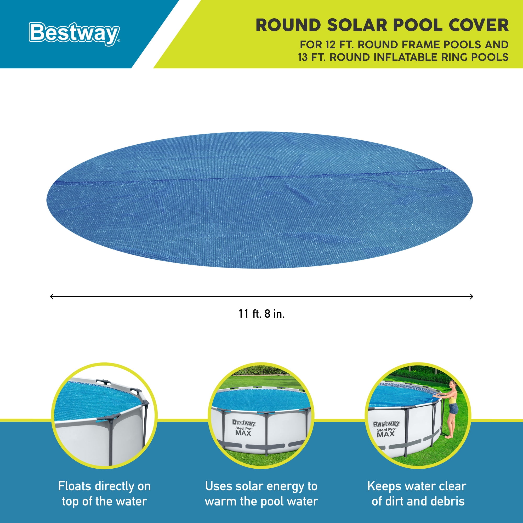 Flowclear: 12' Solar Pool Cover - Round Above Ground Pool Protector, Clean Water Maintenance Accessory, Solar Energy Heats Water, Keep Out Debris