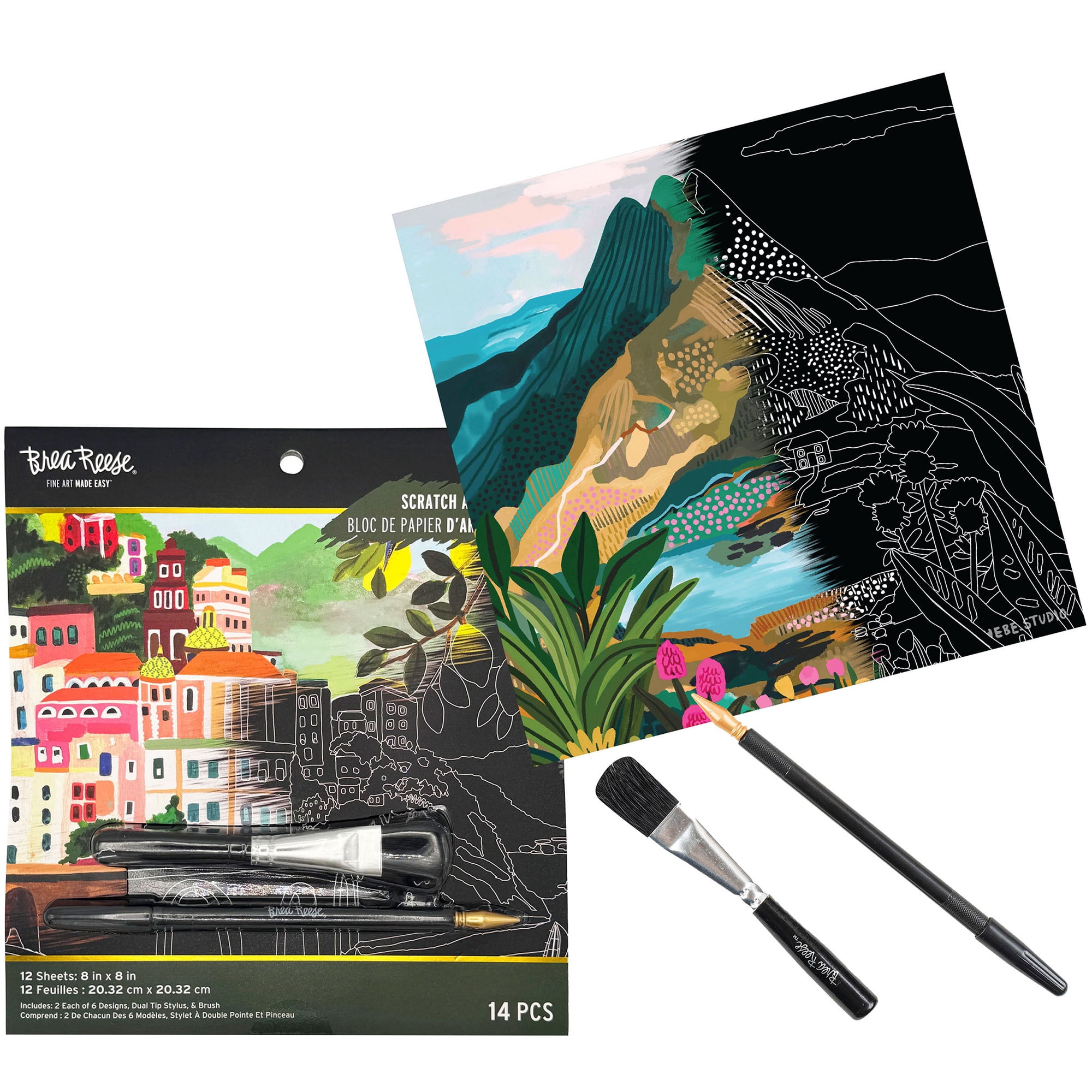 Brea Reese: Scratch Art Paper Pad - Joyful Landscapes - 12 Sheets, 6 Guided Designs, Metallic Accents, Dual-Tip Stylus, Brush, 8x8" Pages, Adult Craft