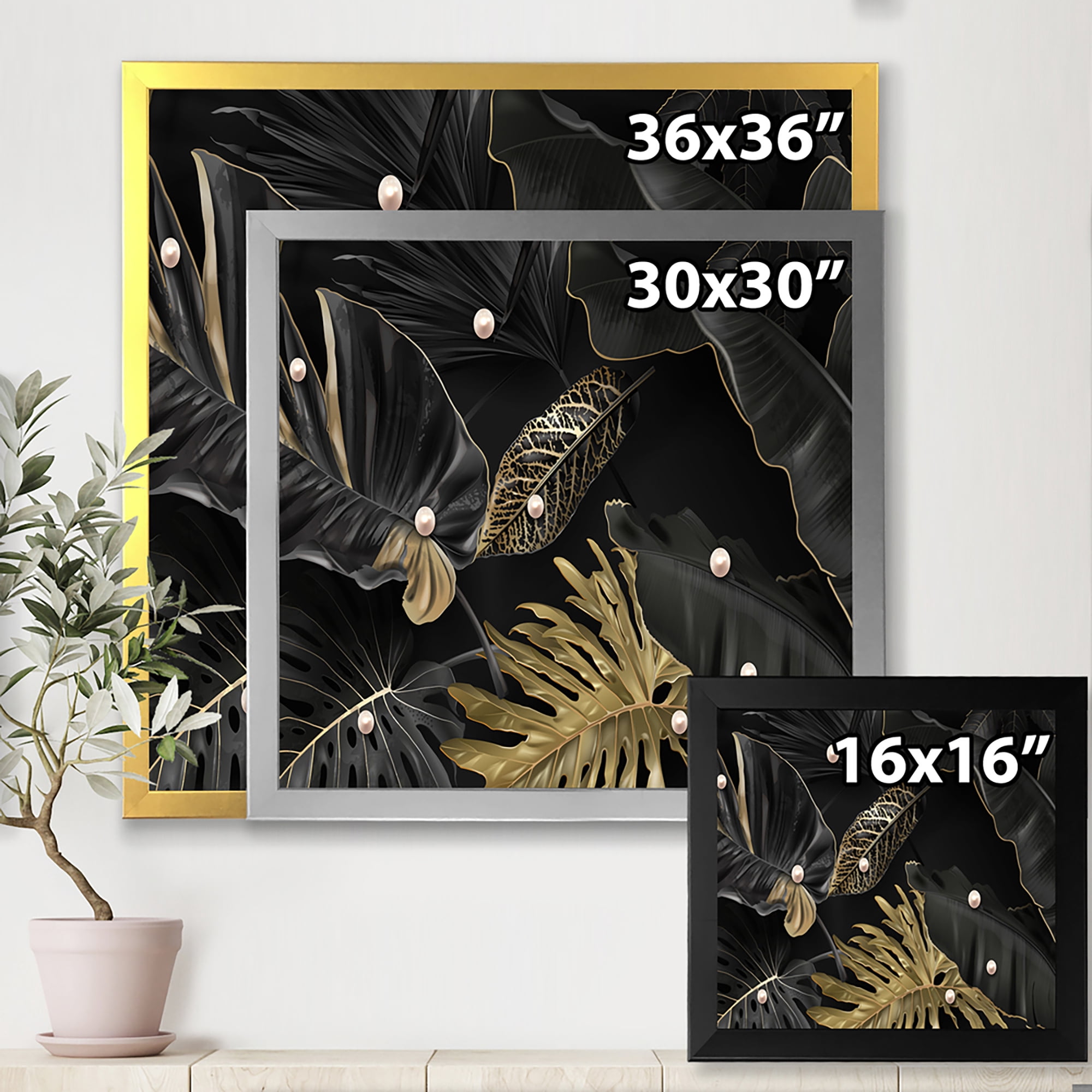 Designart 'Gold and Black Tropical Leaves III' Modern Framed Art Print