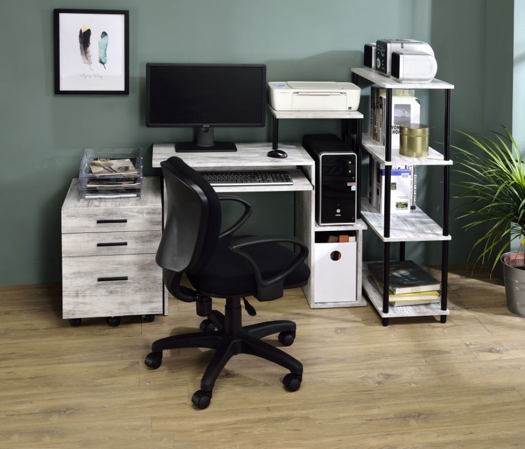 Computer Desk, Rectangular Home Office Desk with Keyboard Tray, Storage Compartment & Shelf, Modern Writing Workstation, Antique White & Black