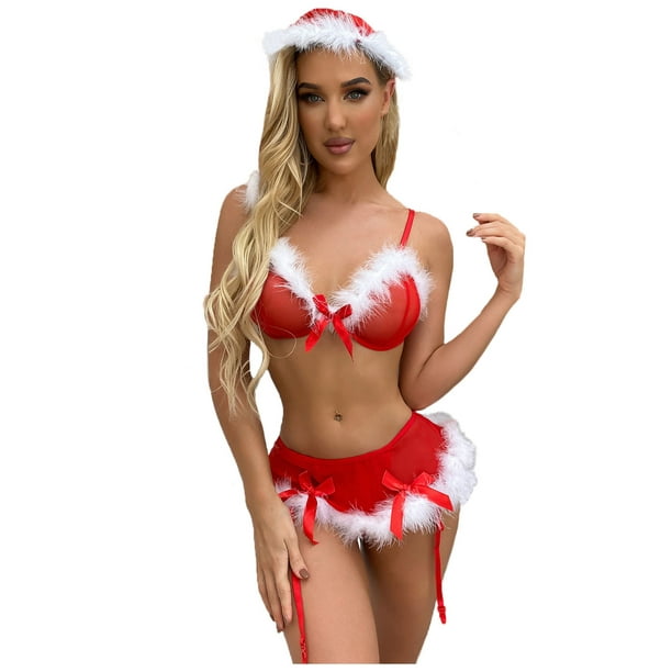 Christmas Lingerie for Women Sexy Naughty 3 Piece Underwear Sets with Santa  Claus Hat Lace Chemises Sleepwear 