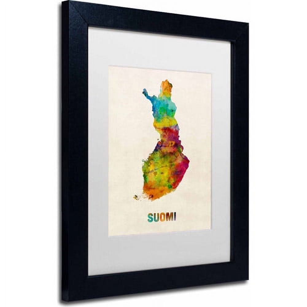 Trademark Fine Art "Finland Watercolor Map (Suomi)" Canvas Art by Michael Tompsett, White Matte, Black Frame