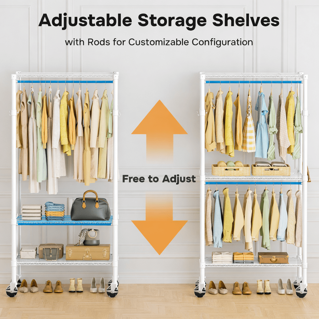 Simple Deluxe Rolling Clothes Rack, Heavy Duty Clothing Rack, 3-Shelf Portable Adjustable Wardrobe Closet with Wheels, Hanging Rods & Side Hooks, 29.5" W x 15.7" D x 75.6" H, White