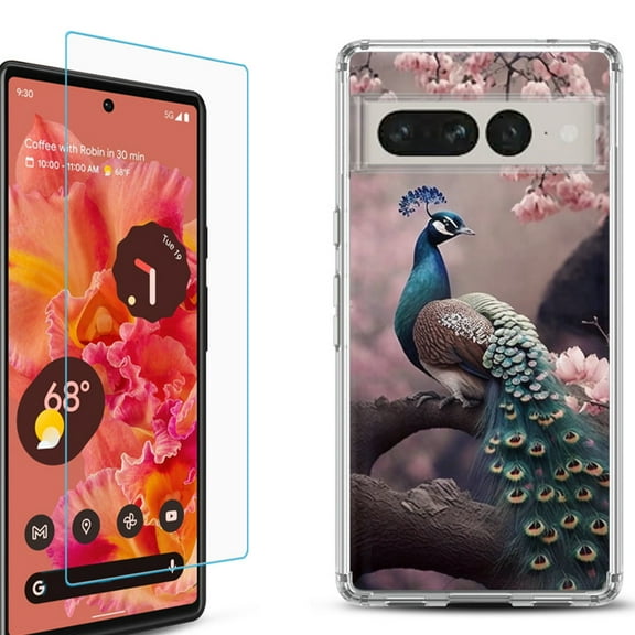 Shockproof Bumper Phone Case for Google Pixel 7, with Tempered Glass Screen Protector, by OneToughShield ® - Peacock Flower