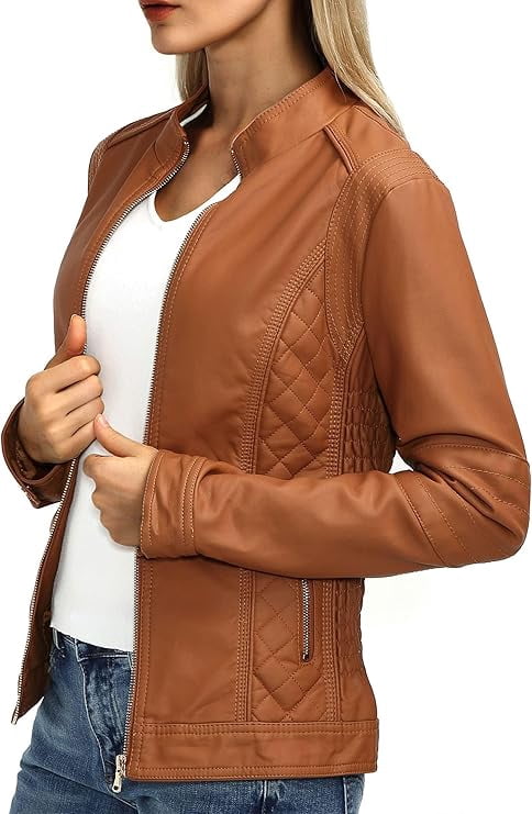 Giolshon Womens Faux Leather Jacket Moto Soft Zipper Coat 36 Brown S
