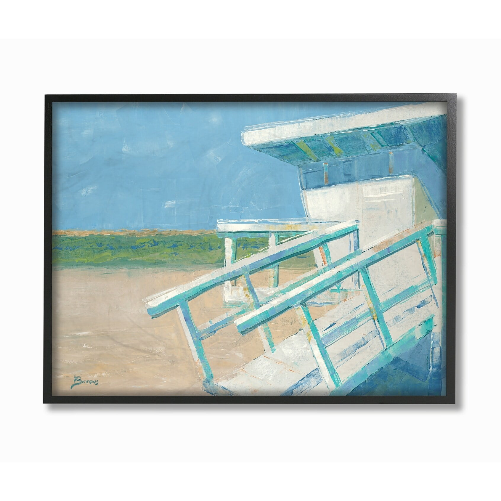 Multi-Color 24 x 30 The Stupell Home Decor Painterly Blue and Green Lifeguard House on The Beach Framed Giclee Texturized Art