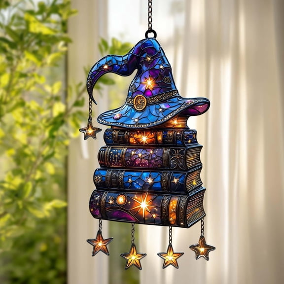 Wizard Hat And Spell Book Stack Acrylic Suncatcher – Enchanted Faux Stained Glass Window Hanging, Celestial Stars Library Decor Gift
