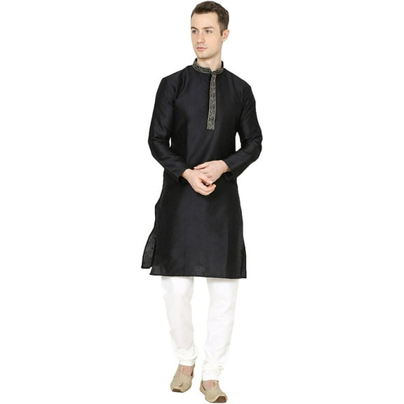 Royal Kurta Mens Jacquard Silk Floral Print Fancy Kurta Churidar Black