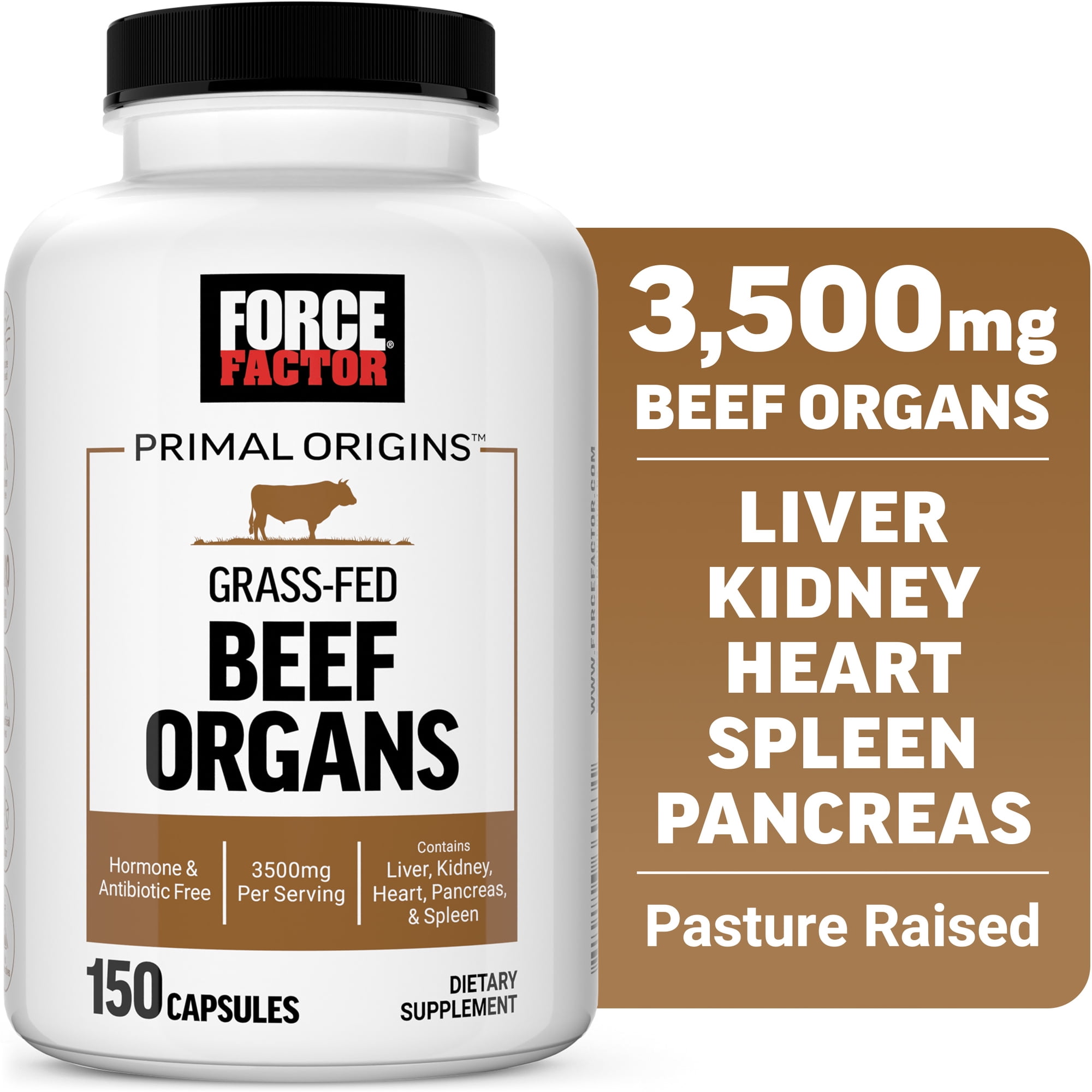 Force Factor Primal Origins, Beef Organs Supplement with 3500mg Beef Liver, Kidney, Heart, Pancreas & Spleen for Energy & Stamina, 150 Capsules