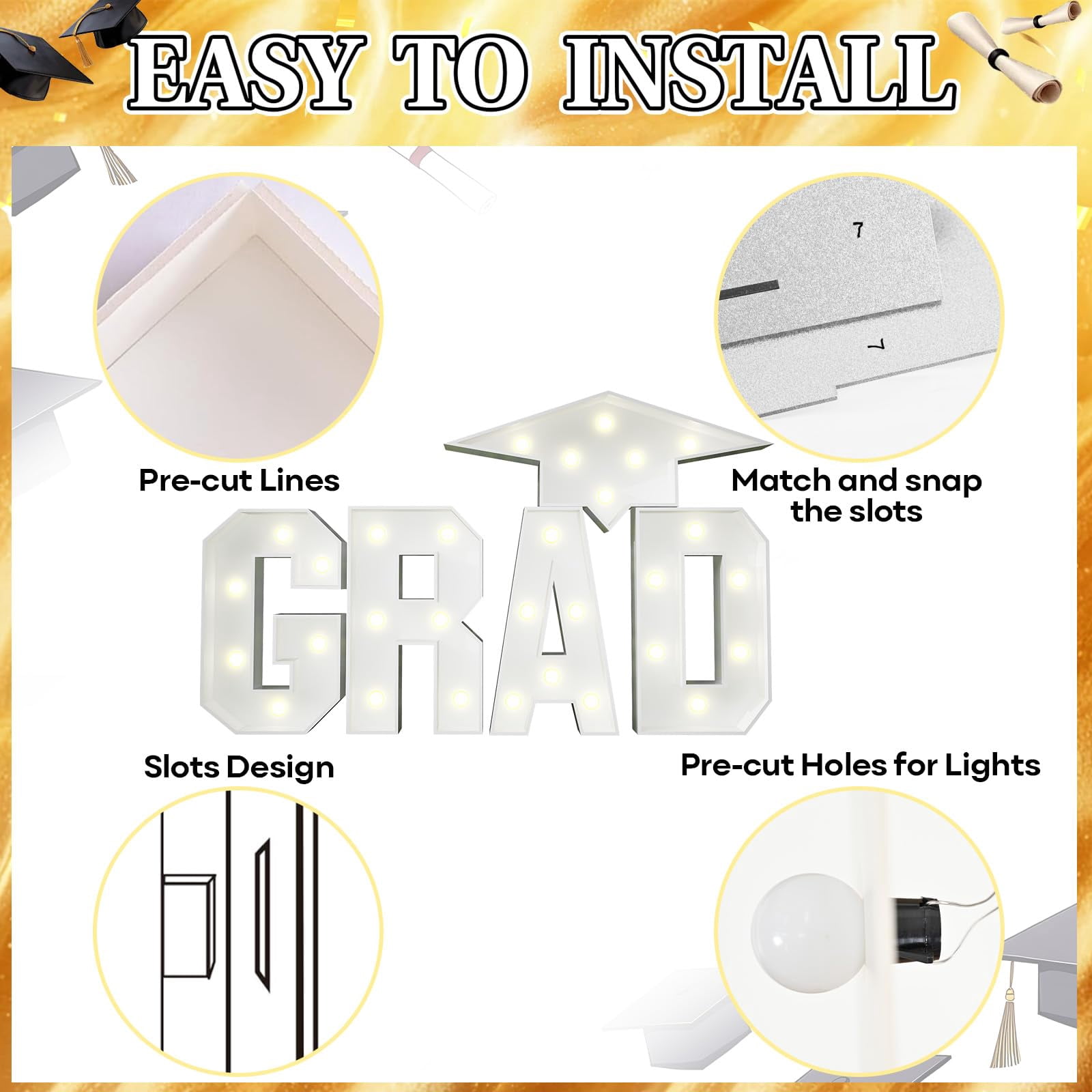 Grad Marquee Letters 3FT for 2026 Graduation Decorations, White Large Light Up Letters Graduation Cap Grad Letter with Lights for Class of 2026 Preschool High School College Grad Party