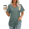 thumbnail image 2 of DecSea Womens Solid T Shirts V Neck Short Sleeve Casual Tops Loose Fit Basic Tees with Curved Hem, 2 of 9