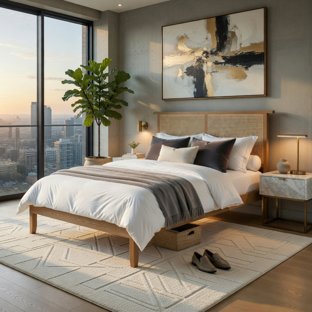 Barara King Bedroom Bed Frame, Bed Platform Frame,Twin/Full/Queen Size Bed Frame with Rattan Headboard-Twin Size